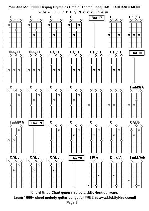 Chord Grids Chart of chord melody fingerstyle guitar song-You And Me - 2008 Beijing Olympics Official Theme Song- BASIC ARRANGEMENT,generated by LickByNeck software.